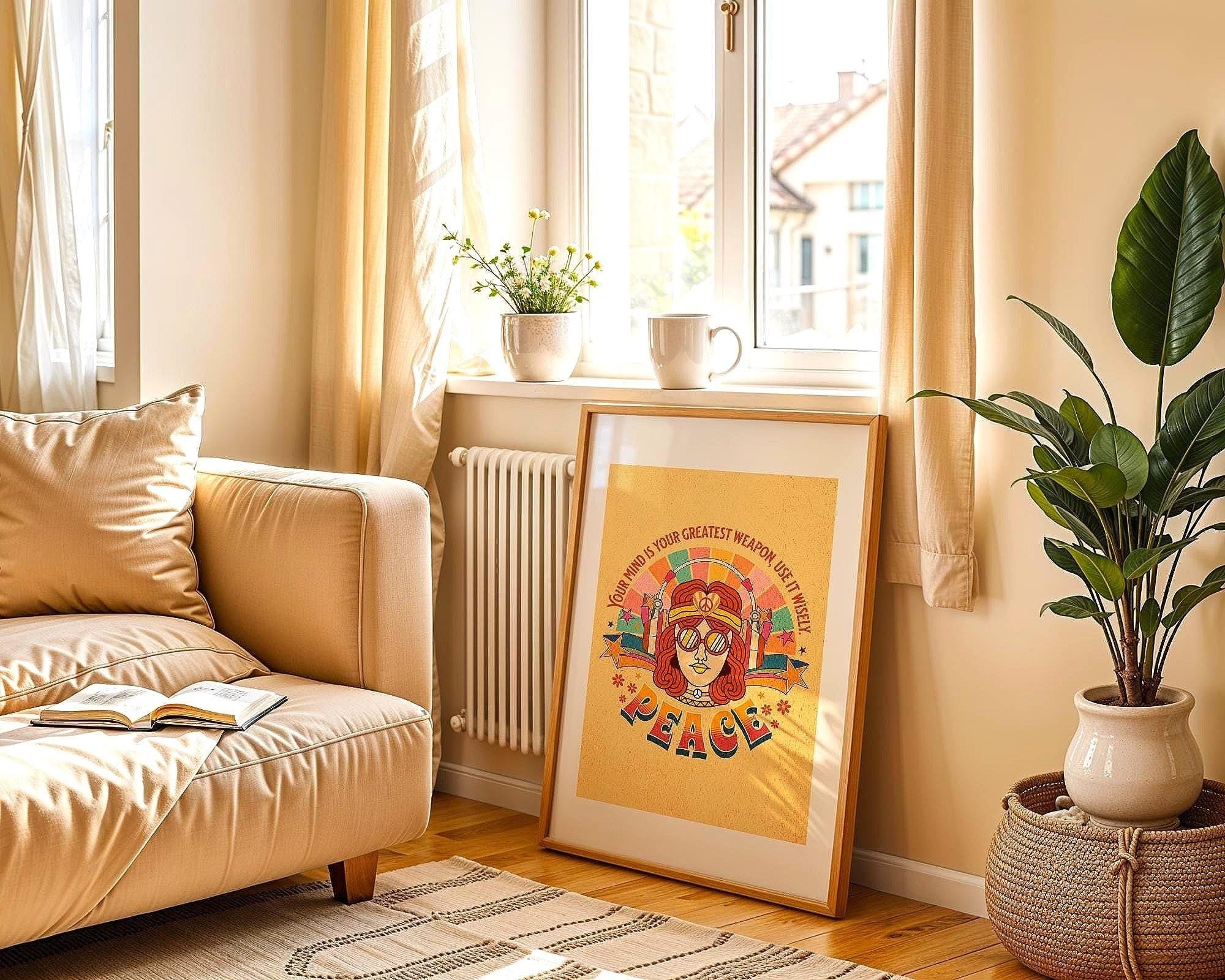 Affiche hippie Peace, art vintage, poster paix intérieure, psychologie Essences Agape