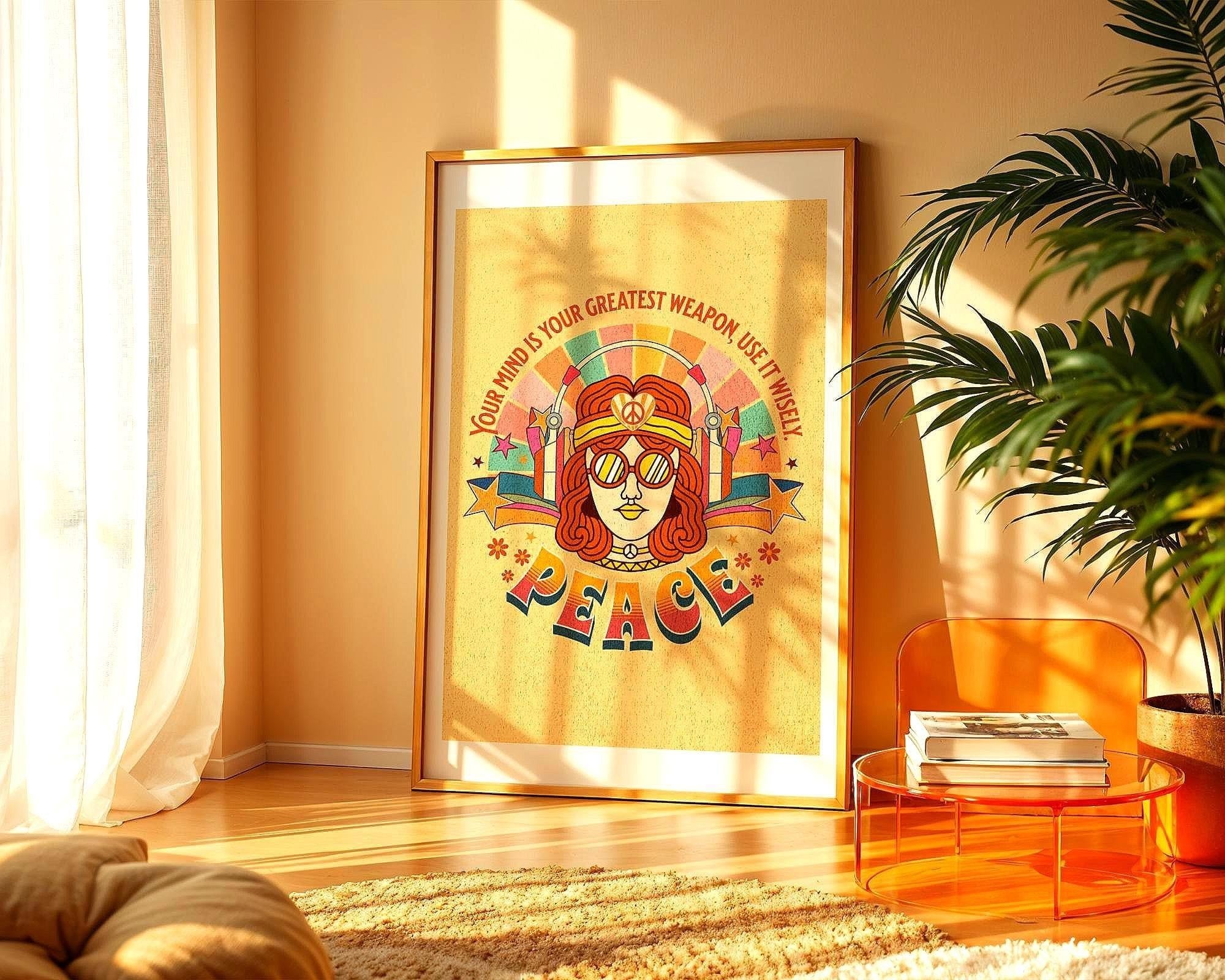 Affiche hippie Peace, art vintage, poster paix intérieure, psychologie Essences Agape