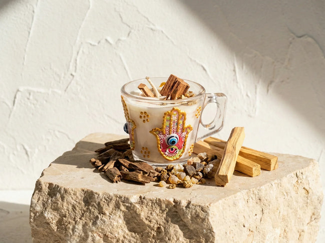 Bougie Main de Fatima Oud & Palo Santo - Protection & Ancrage - Essences Agape 24863207