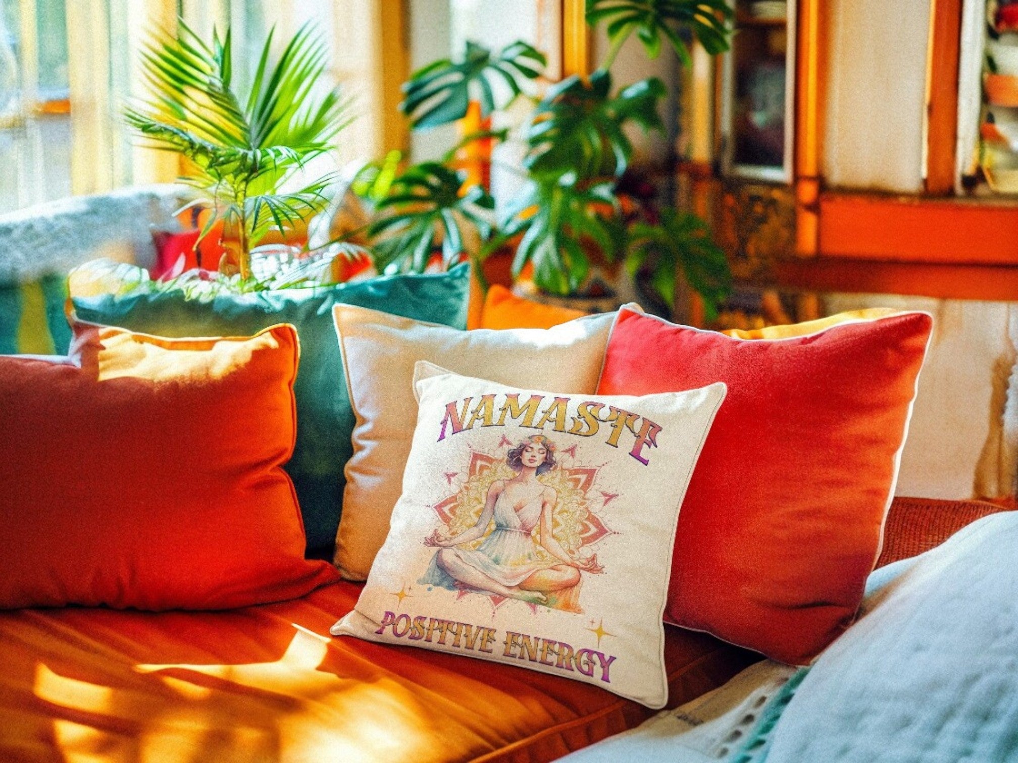 Coussin namaste chakra, housse salon canapé motif méditation, yoga - Essences Agape 97336356
