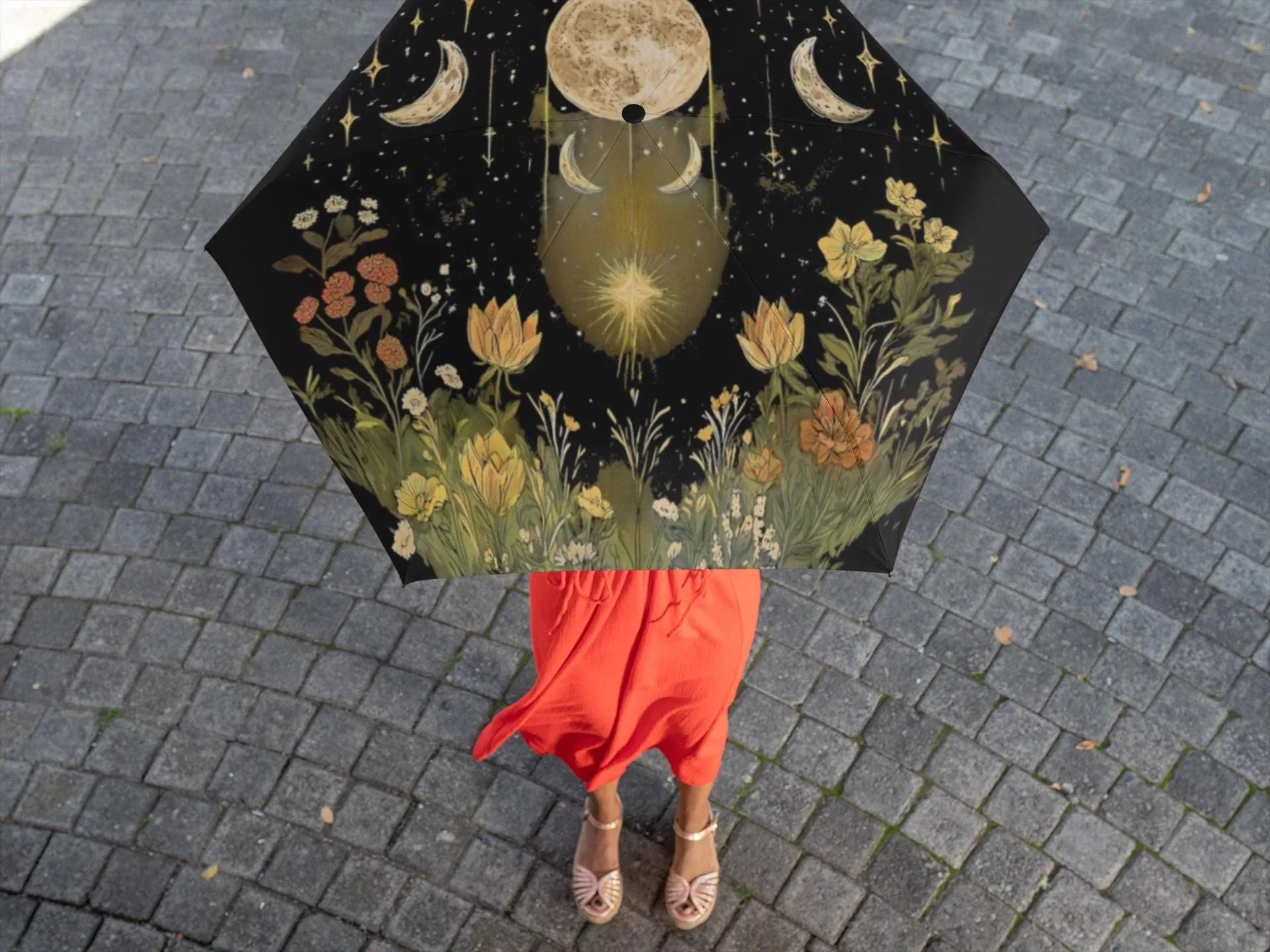 Parapluie pliant imprimé lune fleurs ésotérique, parapluie motivation - Essences Agape 721943