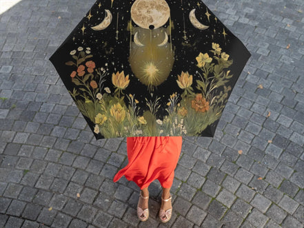 Parapluie pliant imprimé lune fleurs ésotérique, parapluie motivation - Essences Agape 721943