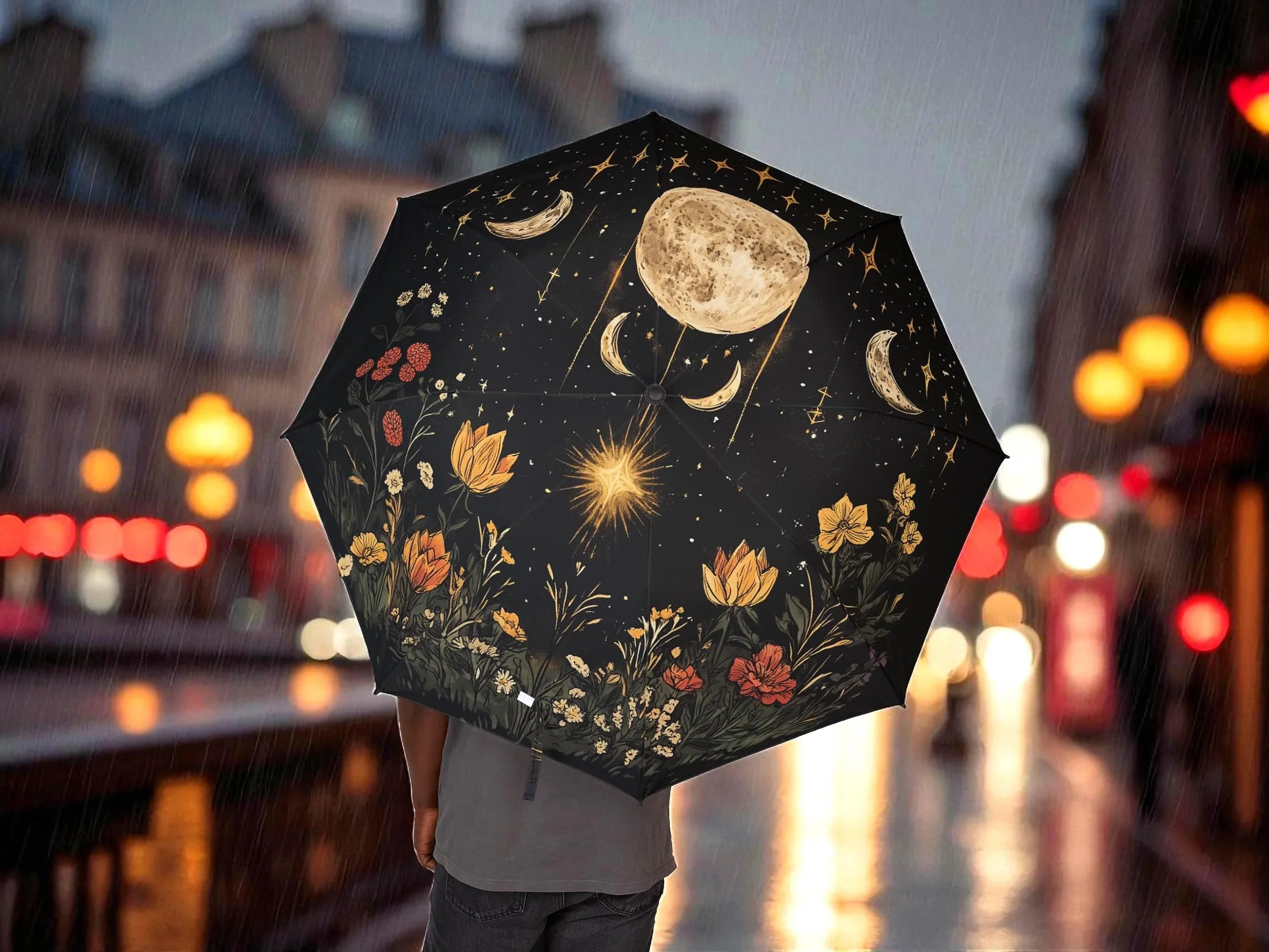 Parapluie pliant imprimé lune fleurs ésotérique, parapluie motivation - Essences Agape 1197572