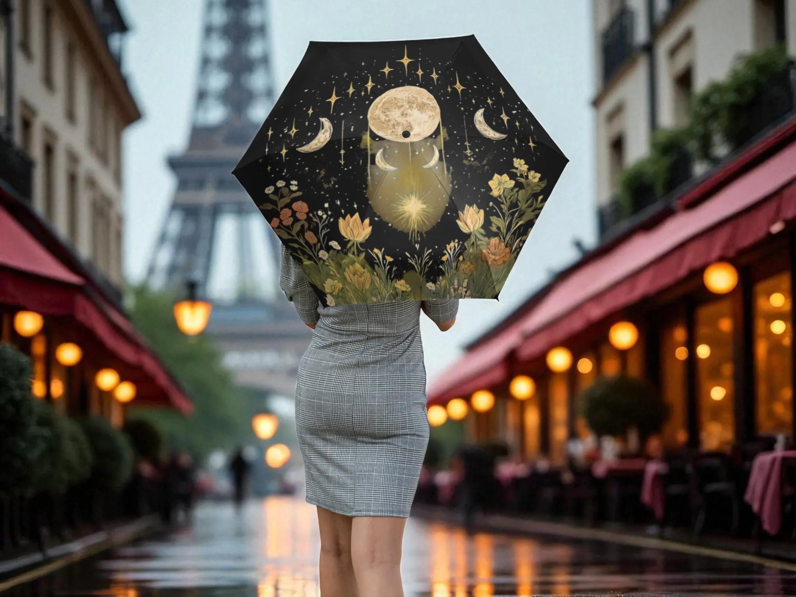 Parapluie pliant imprimé lune fleurs ésotérique, parapluie motivation - Essences Agape 45522665