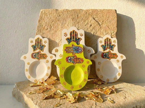 Porte bougie Main Fatima Gypse Solaire - Vitalité, Guérison & Or - Essences Agape 82986673