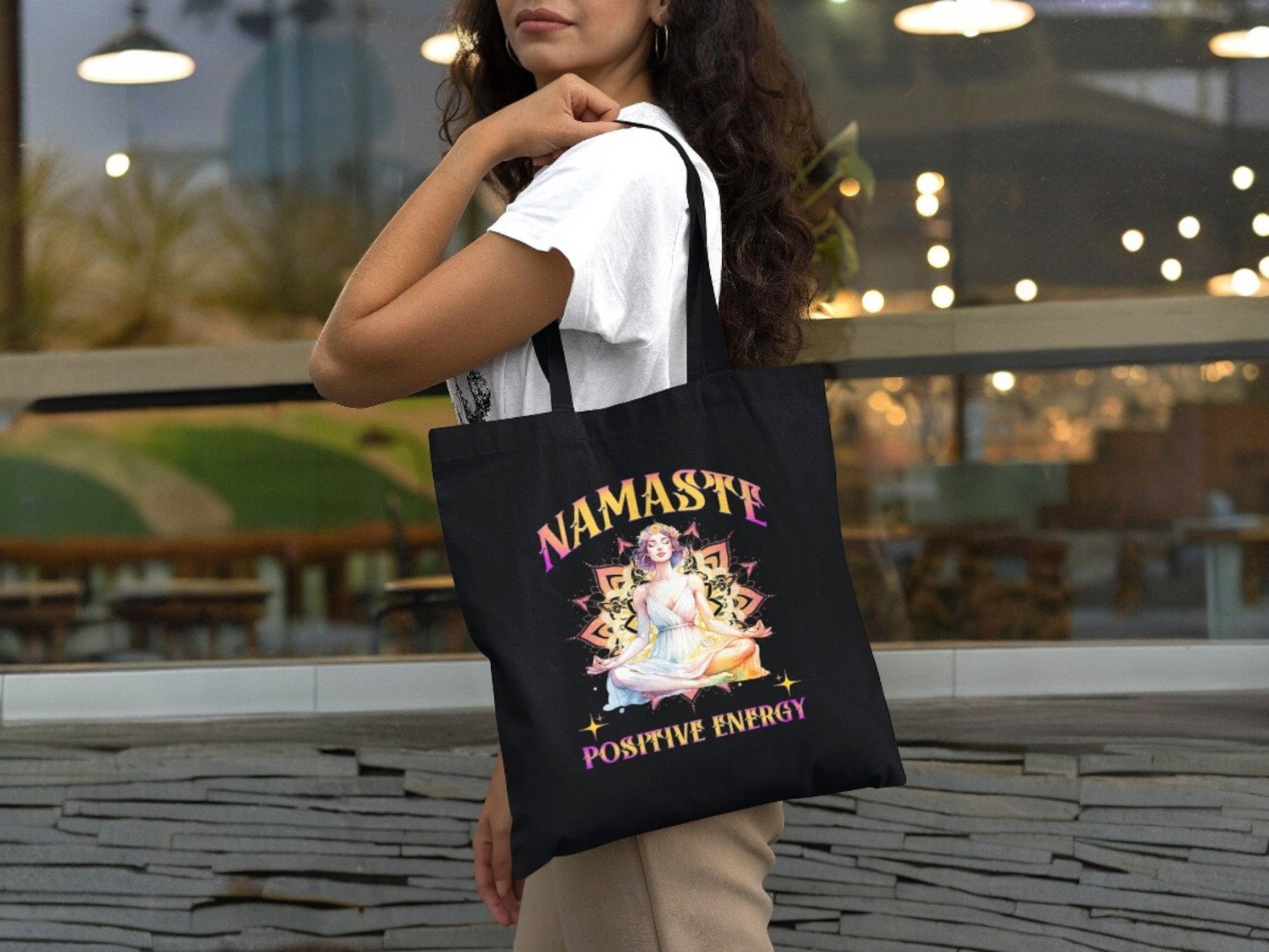Tote bag namaste chakra, tote bag design pensée positive, sac courses - Essences Agape 70501186
