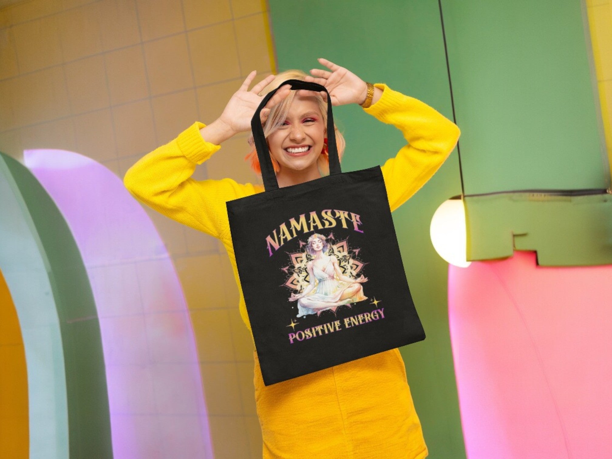 Tote bag namaste chakra, tote bag design pensée positive, sac courses - Essences Agape 56935960