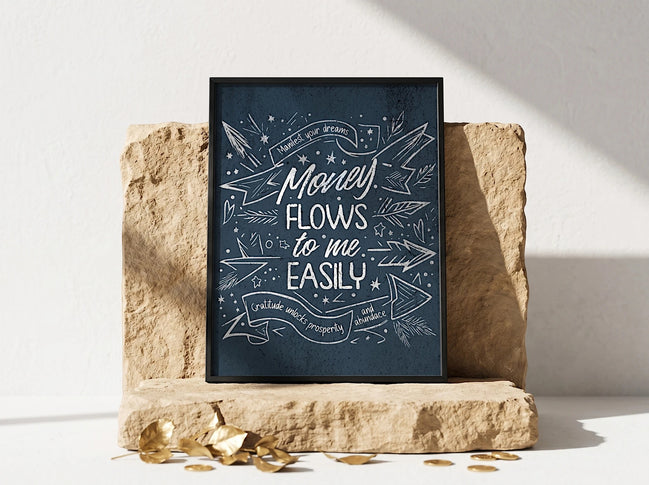 Affiche Essences Agape avec le message "Money Flows to me EASILY" en lettres blanches sur fond bleu nuit, décorée de flèches et d'étoiles.