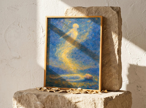 Essences Agape affiche âme spirituelle, peinture française, art décoratif bleu et doré représentant une silhouette lumineuse s'élevant d'un corps allongé.