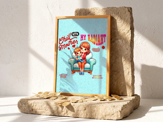 Affiche Essences Agape illustrant une mère et son enfant sur un fauteuil, texte "Chill with Mother My Radiant".