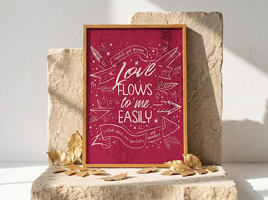 Affiche Essences Agape rose avec texte blanc "Love Flows to me EASILY". Style spirituel et ésotérique.
