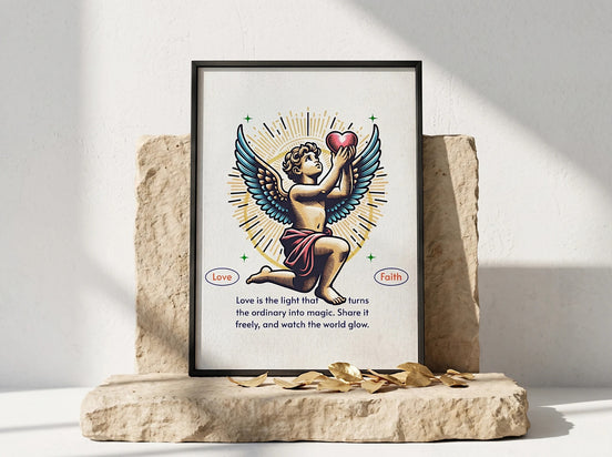 Affiche Essences Agape avec un ange tenant un cœur lumineux, art spirituel, citation sur l'amour et la foi.