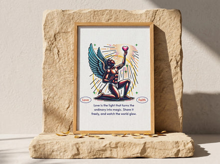 Affiche Essences Agape avec un ange aux ailes bleues tenant un cœur rose, texte "Love is the light that turns the ordinary into magic."