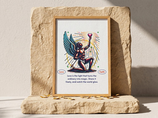 Affiche Essences Agape avec un ange aux ailes bleues tenant un cœur rose, texte "Love is the light that turns the ordinary into magic."