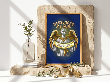 Affiche Essences Agape : ange aux ailes dorées tenant une bannière "Hymn of Love", art spirituel, fond bleu.
