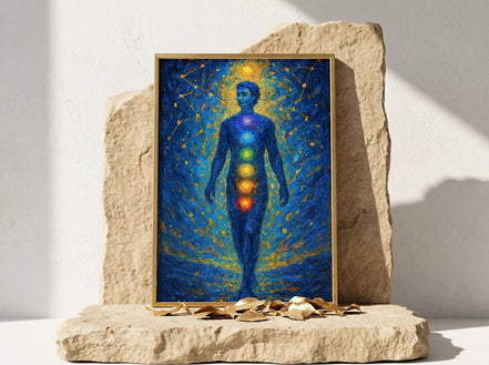 Affiche Essences Agape représentant un corps humain bleu avec les 7 chakras colorés, sur fond étoilé bleu et or. Art spirituel.