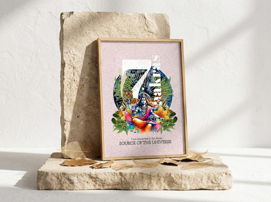 Affiche chakras Essences Agape avec Shiva, tigres et fleurs, art spirituel imprimable pour le yoga et la méditation.