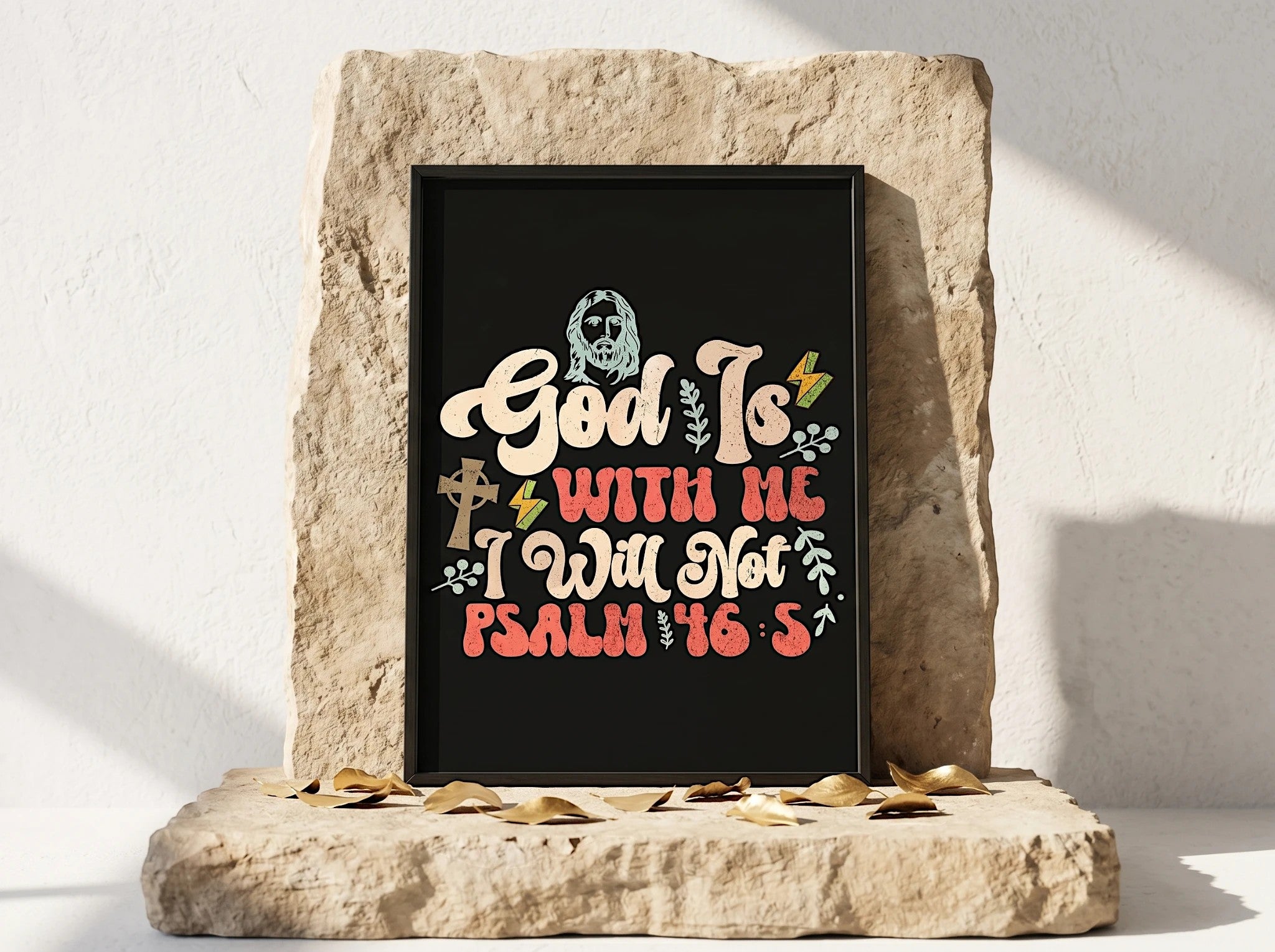 Affiche Essences Agape avec citation biblique 'God Is With Me, I Will Not Fall' Psaume 46:5, style vintage, illustration religieuse.
