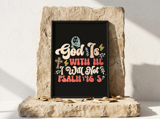 Affiche Essences Agape avec citation biblique 'God Is With Me, I Will Not Fall' Psaume 46:5, style vintage, illustration religieuse.