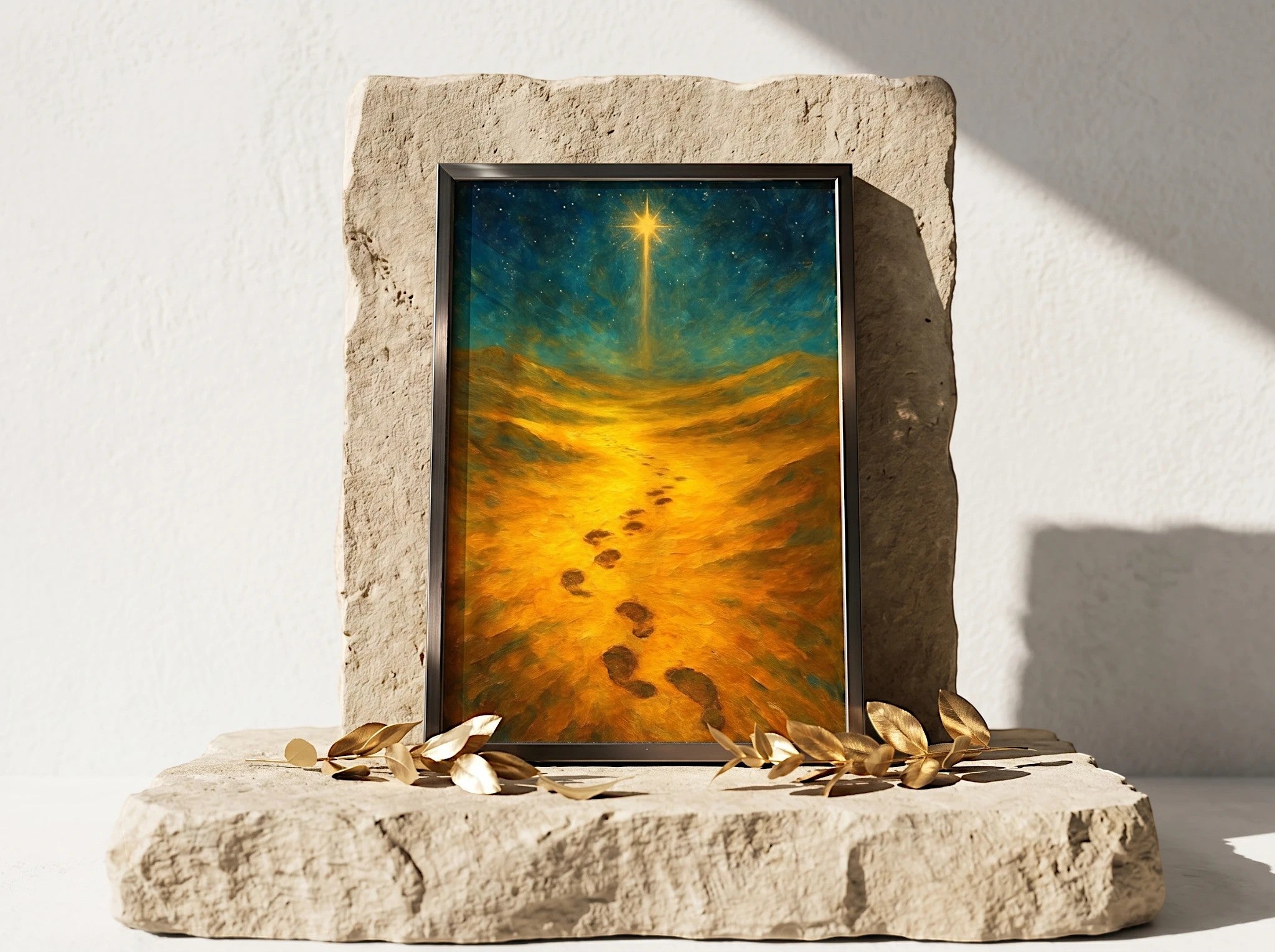 Essences Agape : Affiche peinture française art, chemin de sable doré menant à une étoile brillante dans le ciel nocturne étoilé.