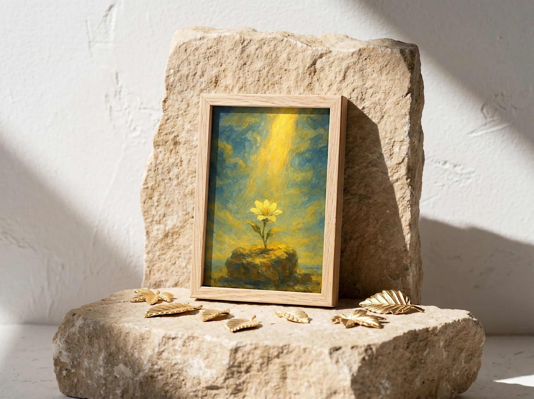 Essences Agape : affiche spirituelle positive, fleur jaune unique sur un rocher, éclairée par un rayon de lumière céleste.