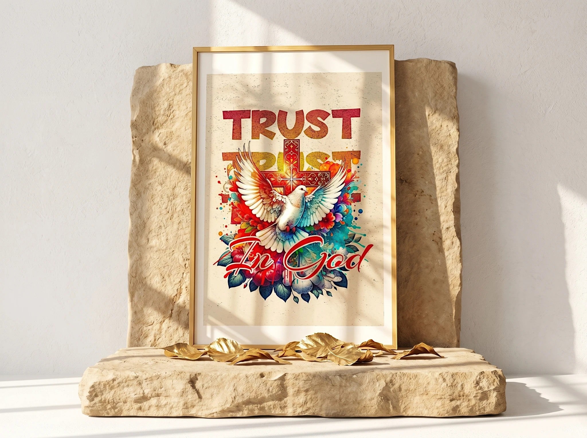 Affiche Essences Agape avec une colombe blanche devant une croix colorée, entourée de fleurs et du texte 