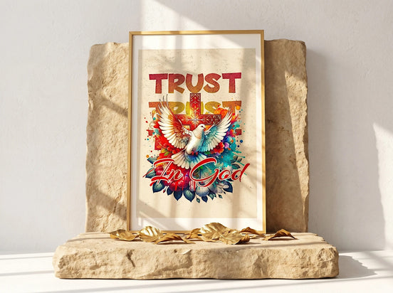 Affiche Essences Agape avec une colombe blanche devant une croix colorée, entourée de fleurs et du texte "Trust in God". Art religieux inspirant.