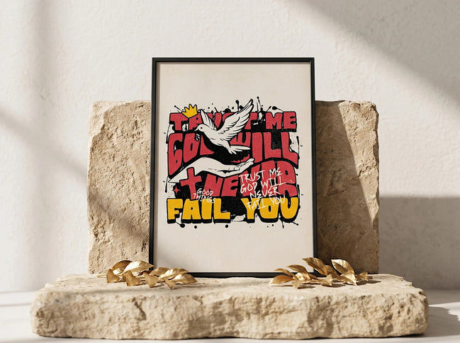 Affiche Essences Agape avec une colombe tenant une branche d'olivier, texte "Trust me, God will never fail you" en graffiti.