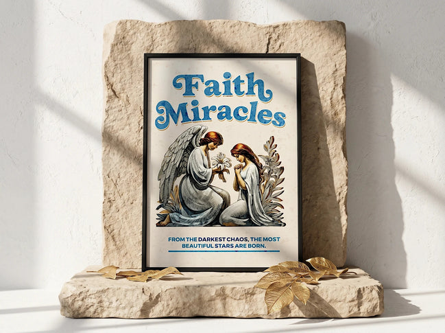 Affiche Essences Agape : ange offrant une fleur à une femme en prière, texte "Faith Miracles".
