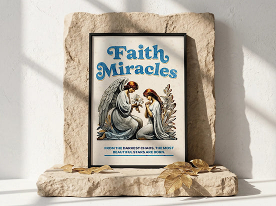 Affiche Essences Agape : ange offrant une fleur à une femme en prière, texte "Faith Miracles".