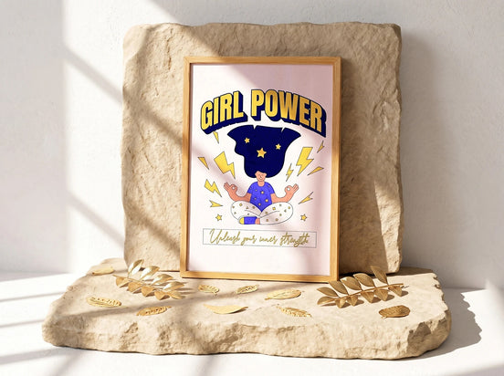 Affiche Essences Agape "Girl Power" avec une femme méditant, entourée d'éclairs et d'étoiles. Texte "Unleash your inner strength".