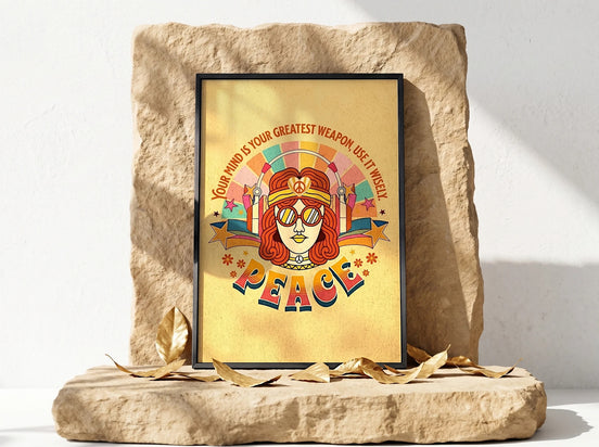 Affiche hippie Peace d'Essences Agape, art vintage avec citation psychologique sur fond jaune, style rétro coloré.