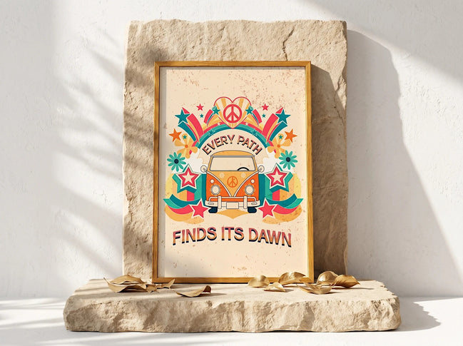 Affiche Essences Agape avec une camionnette hippie orange, des étoiles et des fleurs, message "Every Path Finds Its Dawn".
