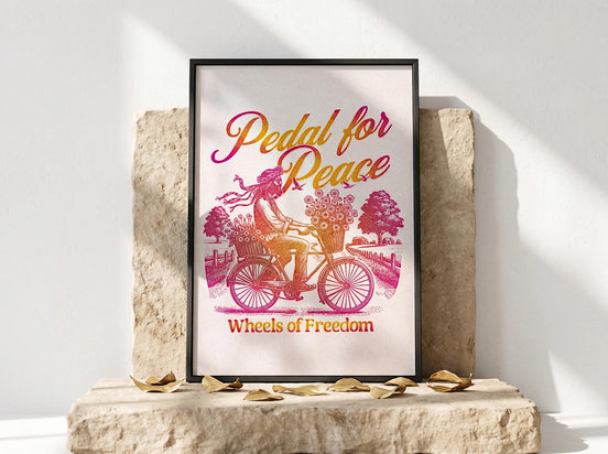 Affiche Essences Agape "Pedal for Peace" style hippie années 80, illustration d'une personne à vélo avec des fleurs, couleurs dégradées rose et orange.