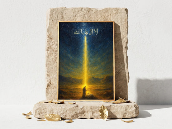 Affiche spirituelle islamique Essences Agape, homme en prière sous un rayon céleste dans un désert étoilé, calligraphie dorée.
