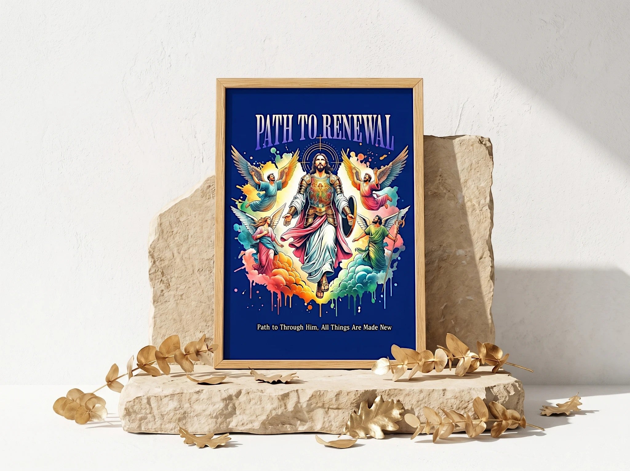 Affiche Essences Agape, Jésus entouré d'anges, art spirituel renaissance, chemin de renouveau.