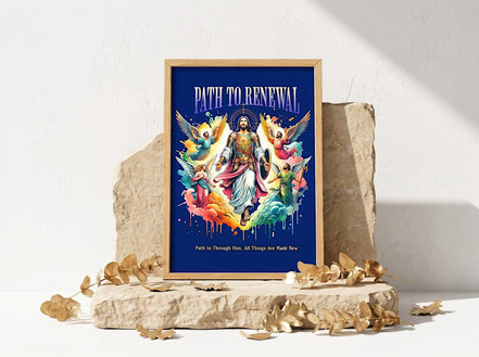 Affiche Essences Agape, Jésus entouré d'anges, art spirituel renaissance, chemin de renouveau.