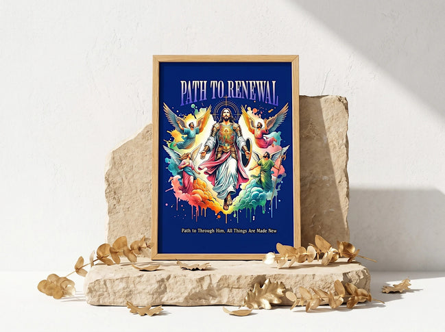 Affiche Essences Agape, Jésus entouré d'anges, art spirituel renaissance, chemin de renouveau.