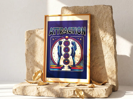 Affiche Essences Agape Loi de l'Attraction, illustration spirituelle avec silhouettes d'un homme et d'une femme face à face, symbolisant l'énergie et l'attraction universelle. Design coloré et cosmique.