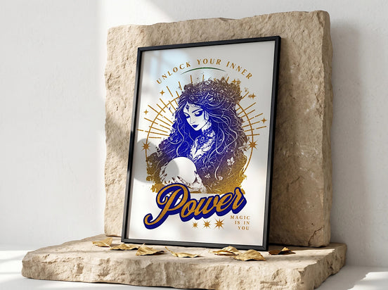 Affiche Essences Agape "Unlock Your Inner Power" avec une femme mystique tenant une boule de cristal, style astrologie et magie.