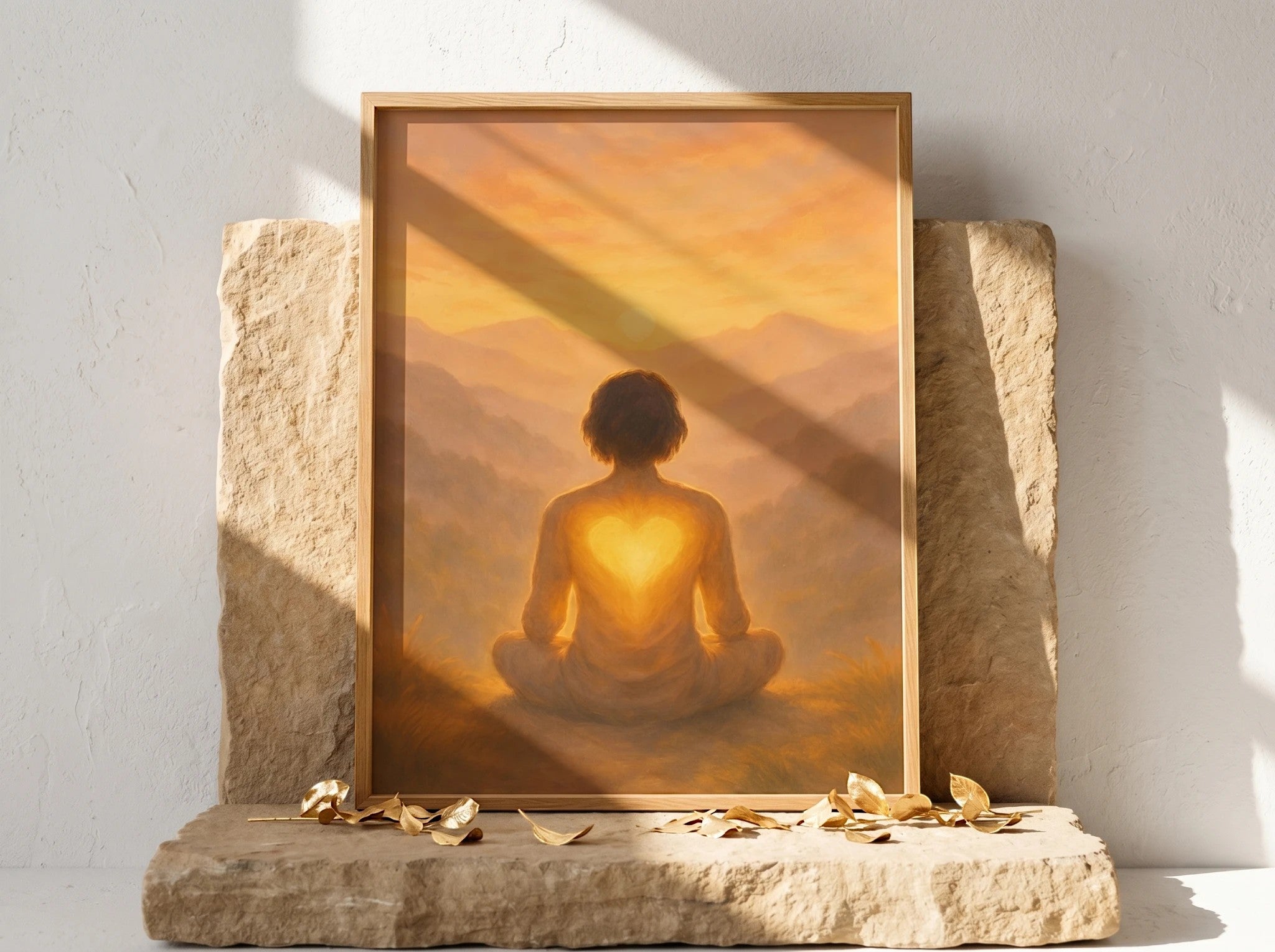 Essences Agape : Affiche d'art spirituel, personne méditant avec un cœur lumineux sur le dos, paysage montagneux au coucher du soleil.