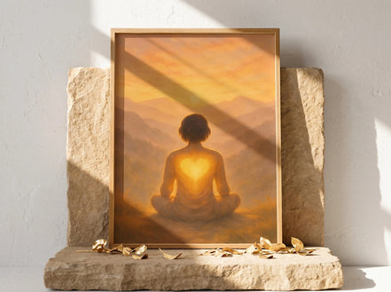 Essences Agape : Affiche d'art spirituel, personne méditant avec un cœur lumineux sur le dos, paysage montagneux au coucher du soleil.