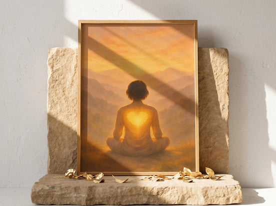 Essences Agape : Affiche d'art spirituel, personne méditant avec un cœur lumineux sur le dos, paysage montagneux au coucher du soleil.