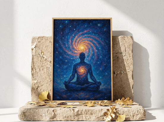 Essences Agape : Affiche de méditation cosmique, homme en lotus, galaxie tourbillonnante, art spirituel.