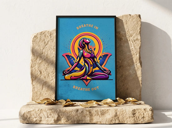 Affiche spirituelle Essences Agape, illustration colorée d'une personne méditant, message 'Breathe In, Breathe Out', art yoga pour le bien-être.