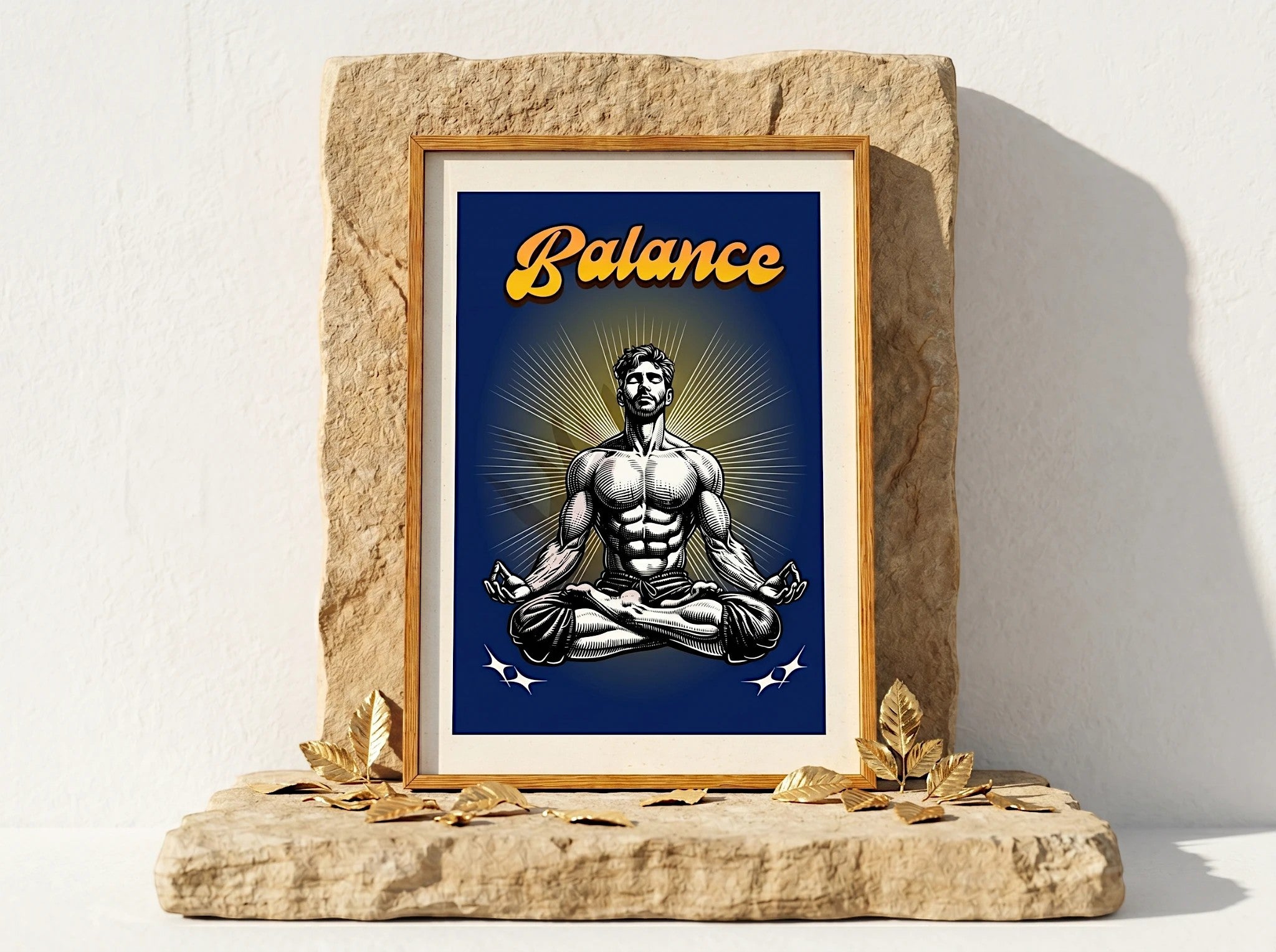 Affiche de méditation Essences Agape avec un homme musclé en position du lotus, art spirituel, pensée positive, yoga.