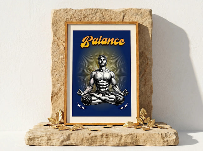Affiche de méditation Essences Agape avec un homme musclé en position du lotus, art spirituel, pensée positive, yoga.
