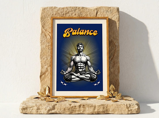 Affiche de méditation Essences Agape avec un homme musclé en position du lotus, art spirituel, pensée positive, yoga.