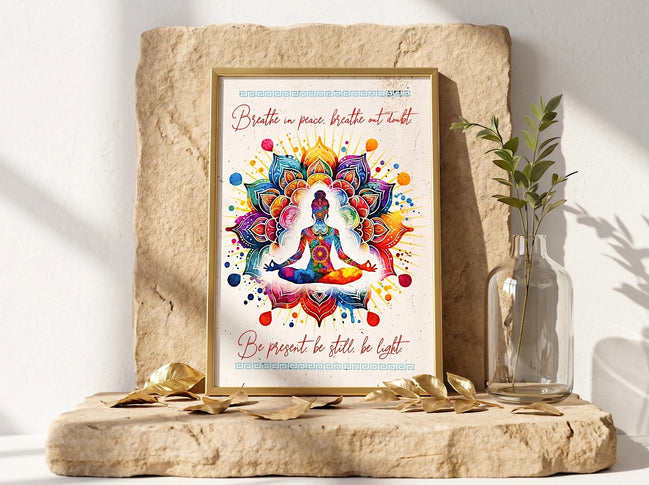 Essences Agape - Affiche de méditation colorée avec silhouette, citation "Breathe in peace, breathe out doubt" et "Be present, be still, be light".