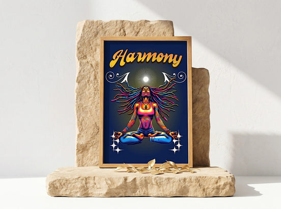 Affiche Essences Agape : femme méditant avec des dreadlocks colorées, le mot "Harmony" au-dessus, style spirituel et zen.